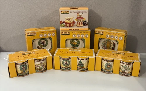 Debbie Mumm 12 Days Christmas - 12 Plates, 12 Mugs, Bonus Sugar & Creamer NIB