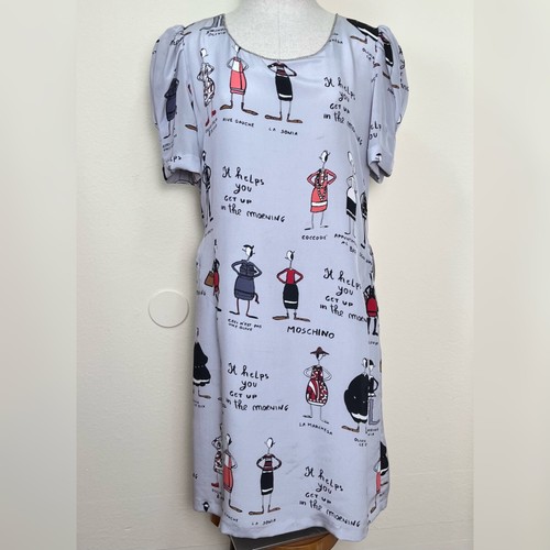 MOSCHINO 100% Silk Gray Cartoon Print Short Sleeve Shift Dress Size 4