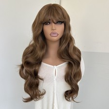Long Wavy Medium brown Heat Resistant Synthetic Hair Costume Wigs With Bangs