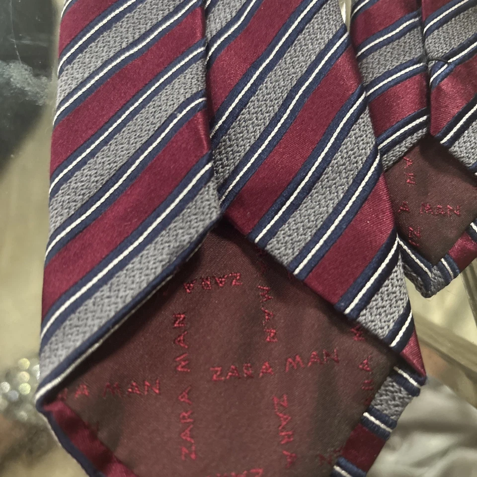 Corbata Zara Hombre Seda Diagonal Rayas Hombres Repp Cuello 59 x 3.75" Marrón Rosa Nueva con Etiquetas Foto 3 de 3