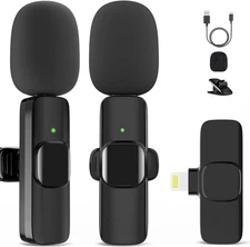 Microphone for iPhone, 2 Pack Wireless Microphones, Mini Mic, Lavalier, Black 
