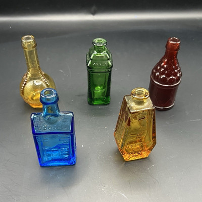 Lot of 5 Vintage Miniature Glass Bottles Poison Skull Cobalt Blue Amber Red