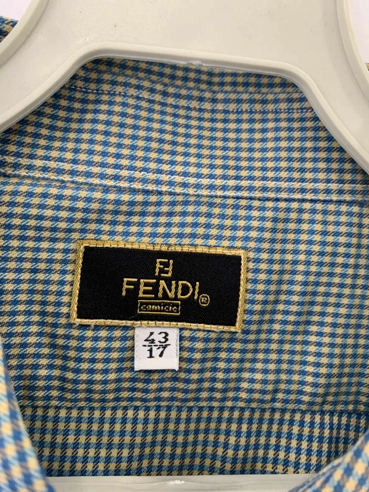 Fendi Camicie Men’s Button Down Shirt 43/17 (XL) Blue Yellow Micro Check #C8 - Image 3 of 4