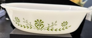 Vintage Glasbake Green Daisy Pattern 238 Oval Milk Glass Casserole Dish, USA