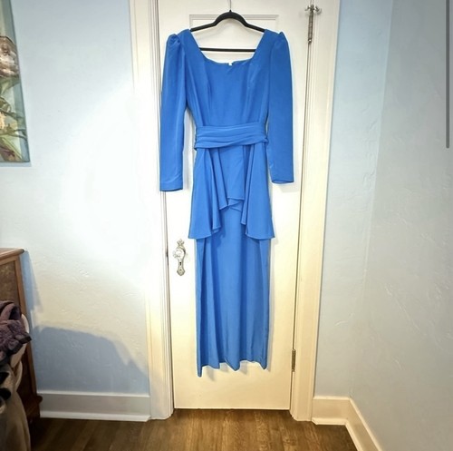 Vtg. Alyce Designs Cobalt Blue Prom Gown Square Neckline Peplum Back Slit Size S - Picture 2 of 15