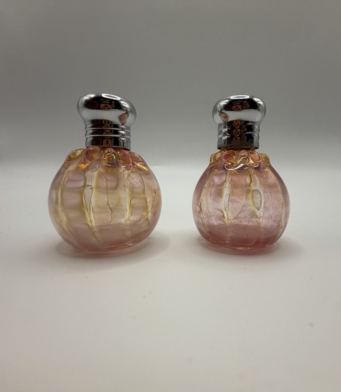 Hand blown glass salt and pepper shakers and iridescent pink, vintage shakers 