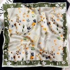 Matcha Green Flower Print 100 Mulberry Silk Shawl Scarf Necktie Kerchief 21"