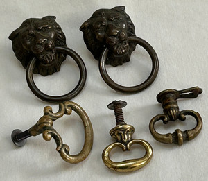 Mixed Lot of Small Vintage Cabinet Door Drawer Knobs, Pair Lion Head Ring Pulls