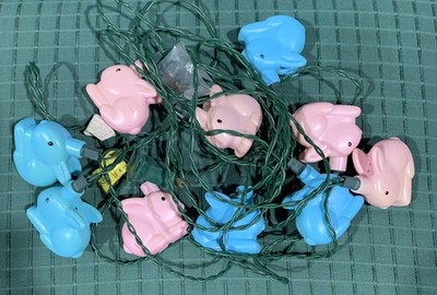 Vintage Easter Blue And Pink Bunny Blow Mold 10 String Lights 