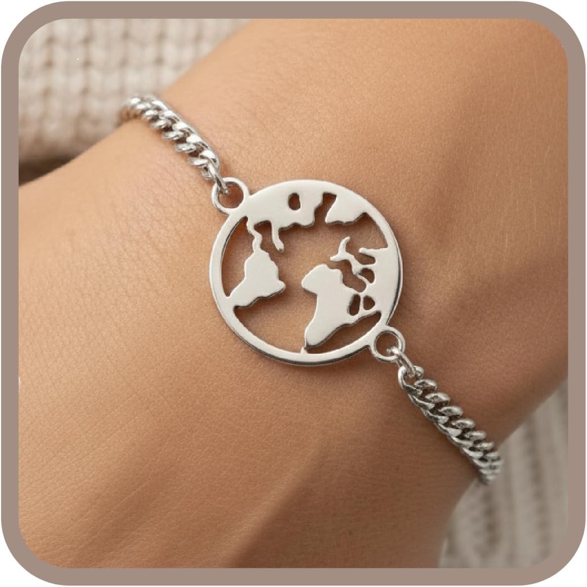 Stainless Steel World Map Handmade Adjustable Globe Traveler Charm Bracelet