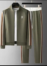 Men's Green Striped 2-Piece Tracksuit Full Zip Track Jacket Pants medium