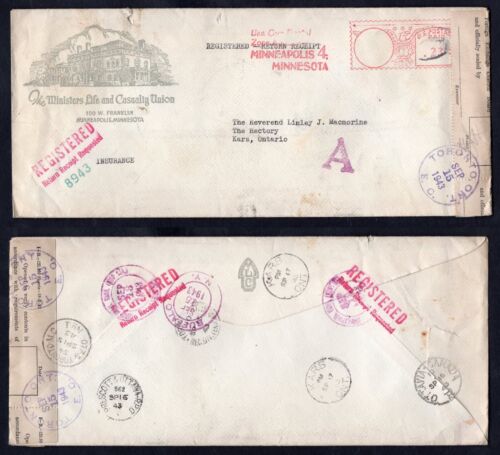 USA Minneapolis 1943 Registered Cover to Kars Canada. Currency Control Label