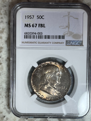 1957 NGC MS67FBL Full Bell Lines Franklin Half Dollar, PCGS $1,300