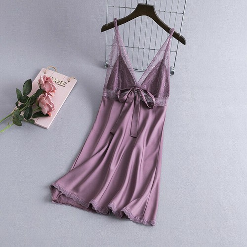 Pigiama donna raso pizzo camicia da notte Bowknot scollo a V biancheria sexy pigiama - Foto 11 di 12