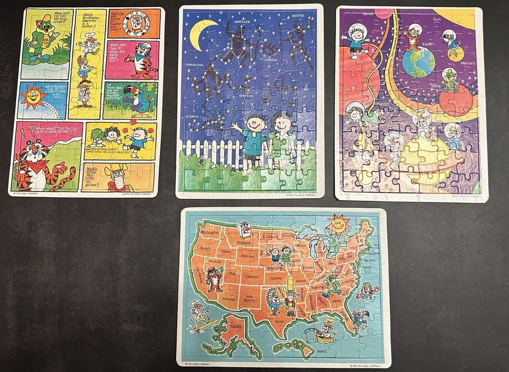 Vintage 1978 Lot of 4 Kellogg Puzzles - Cereal Mascot Cartoons, Planets, Map