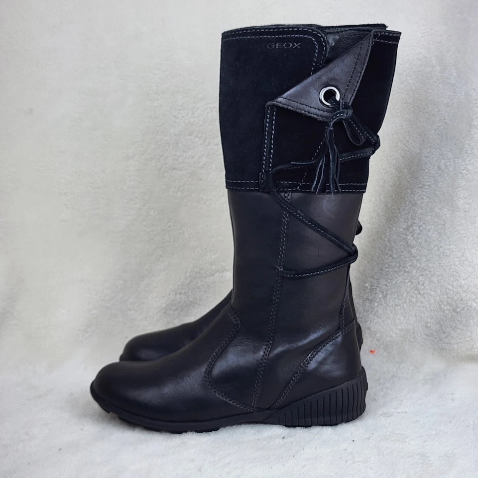 Geox Youth Black Suede Leather Zip Straps Mid Calf Comfort Winter Boots Size 3 - Image 3 of 4