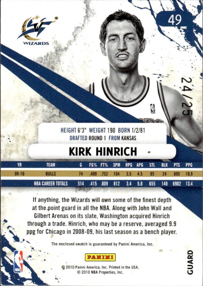 2010 PANINI ROOKIES STARS LONGEVITY KIRK HINRICH 49 LONGEVITY SWATCH /25 WIZARDS - Image 2 of 2