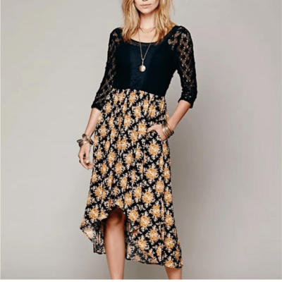 Free People Womens Lonesome Dove Black Floral Crochet Mesh Hi Lo