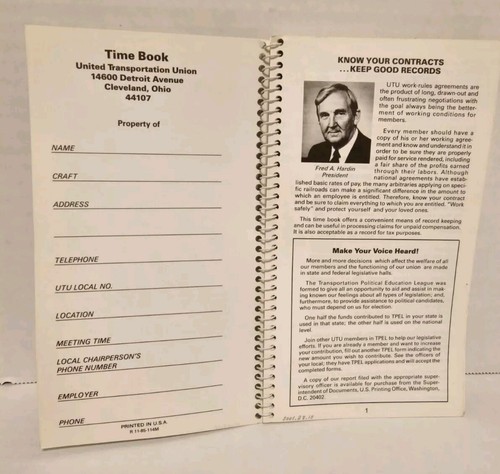 United Transportation Union 1987 Member's Time Book UTU Train Railroad - Picture 3 of 4