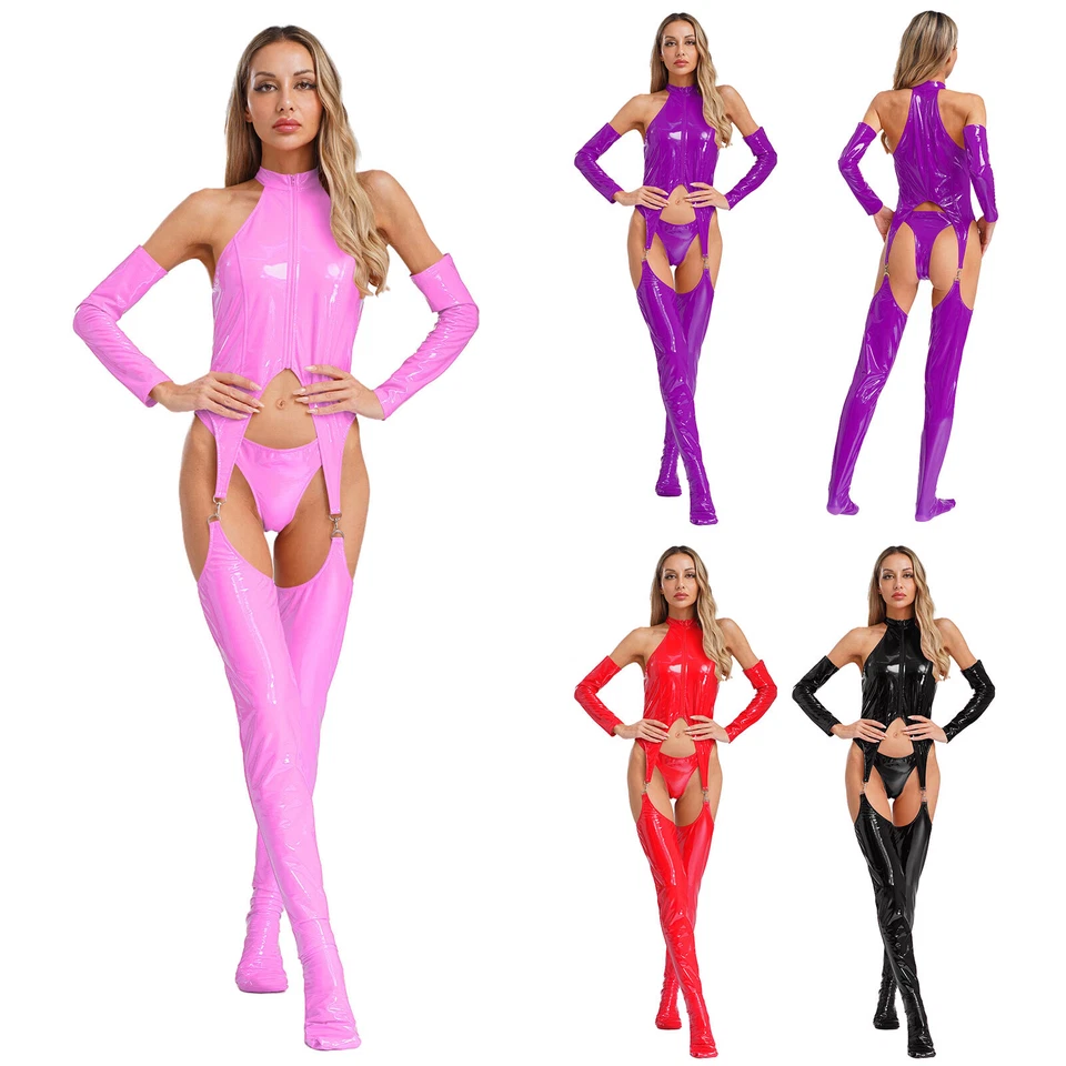 DE Damen Wetlook Body Leder Bodysuits Overall Lackleder Glänzend Dessous Catsuit - Bild 4 von 4