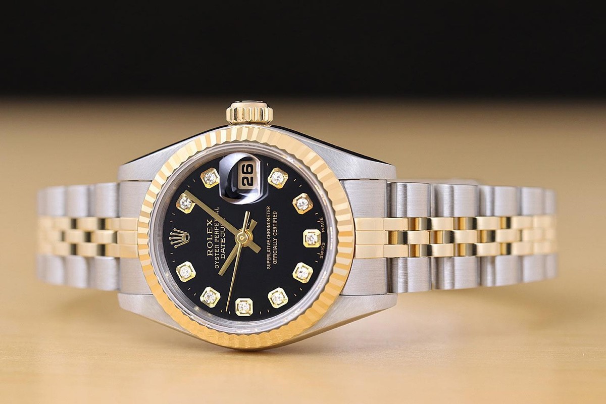 ROLEX LADIES DATEJUST 79173 BLACK DIAMOND DIAL 18K GOLD STEEL TWO