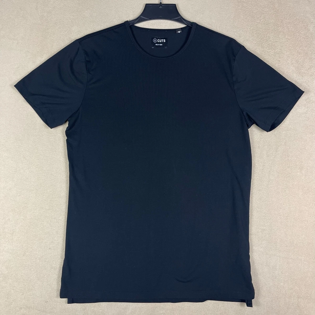 Cuts Split Hem Mens L Short Sleeve T Shirt Black Stretch Round Neck Slim Fit