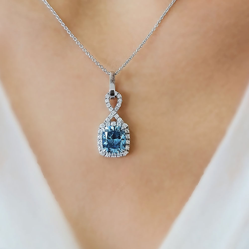 Necklace Pendant Blue cushion 3.8Ct IGI Lab Grown 18 Inch Diamond 14k White Gold