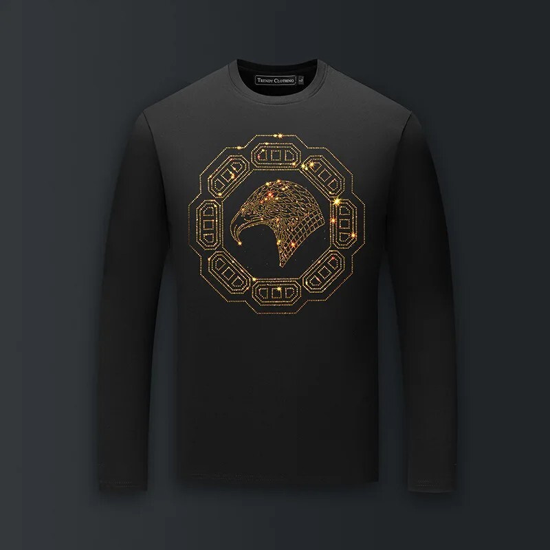 Fashion Eagle Trend Rhinestone Long Sleeve Luxury  Men T-Shirt Plus Size 6XL