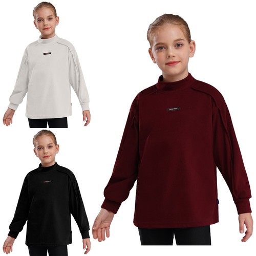 Kids Girls Tops Mock Neck Pullover Solid Color Sweatshirt Climbing Warm Camping - Picture 6 of 44
