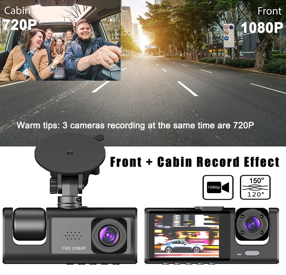 Dash Cam 3 Canali 1080p, Anteriore e Posteriore, Dvr Retromarcia, Black Box Auto - Miniatura 6