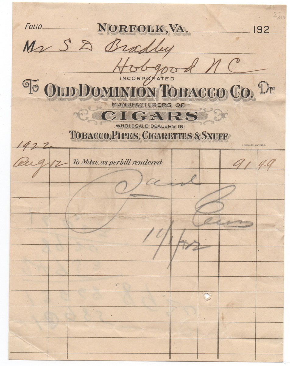 1920s Advertising Billhead Old Dominion Tobacco Co Norfolk VA