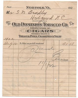 old dominion tobacco company 1920s Advertising Billhead Old Dominion Tobacco Co Norfolk VA