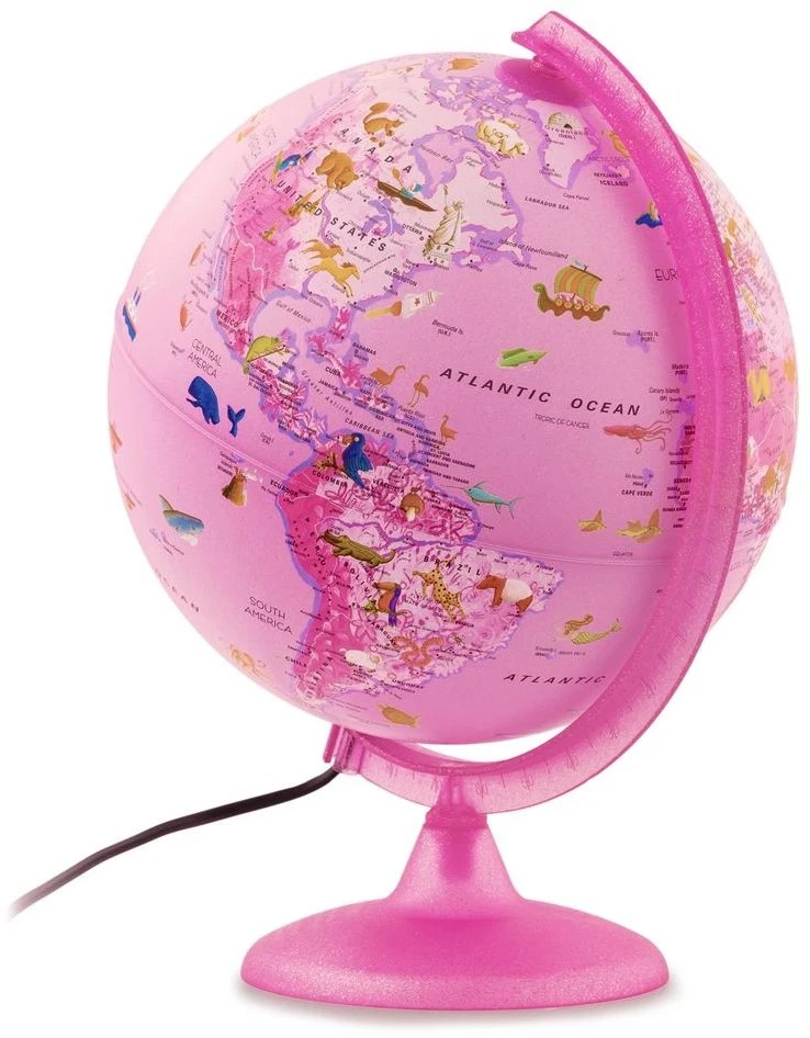 Pink Illuminated World Globe For Kids Animals Illustrations Desk Night Light