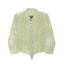 Dialogue Womens Fringed Tassled Green Leather Jacket Xs