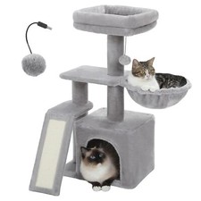 Small Cat Tree 32'' with Scratching Ramp Hammock and Top Bed Perch Grey