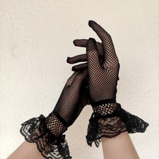 Womens Mesh Fishnet Gloves Black White Lace Bow Gloves Full Finger Bride Mittens
