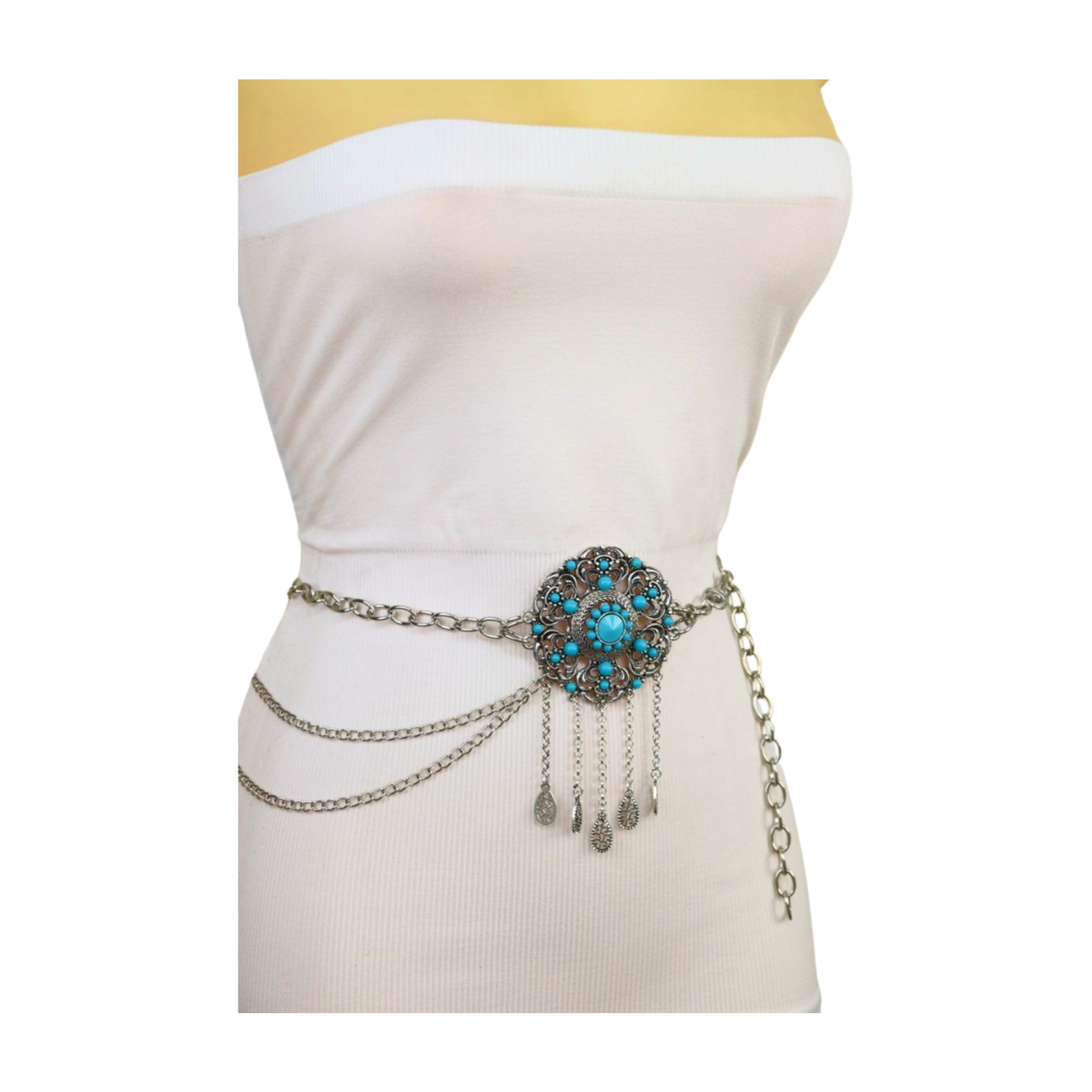 Women Silver Metal Chain Belt Turquoise Blue Bead Flower  display picture 1