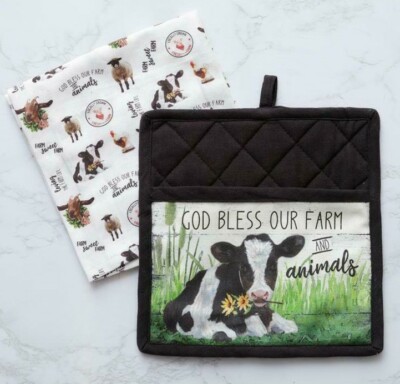 NEW PRIMITIVE FARMHOUSE COW Pot Holder Tea Towel GOD BLESS OUR FARM & ANIMALS 