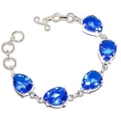 Gift For Women Chain Bracelet 925 Silver Natural Swiss Blue Topaz Gemstone