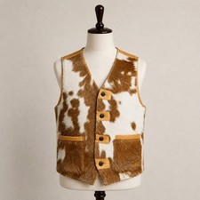 Brown  White Hair-On Cowhide Western Button Vest with Pockets