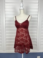 Burgundy Sheer Floral Lace Babydoll Chemise Nightgown Slip Dress Small Medium