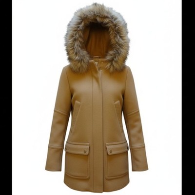 MANGO MNG SUIT Wollmantel | XS | Gr.34 Camel/Beige | Kapuze Kunstfell gefüttert