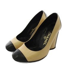 Chanel Pumps Round Toe Leather Bicolor Beige Black Women's Size EU34.5/US4.5