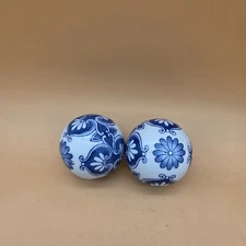 2 Blue & White Porcelain Ball Spheres Orbs Oriental Designs Floral  Balls
