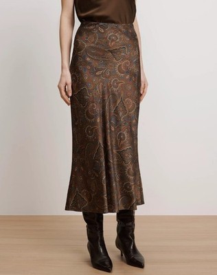 NEW VERONICA BEARD Clover Stretch-Silk Midi Skirt Walnut Multi 2468