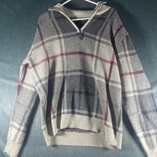 Nautica Mens Sweater Size L Gray Plaid Tight Knit Wool Mock Neck Quarter Zip