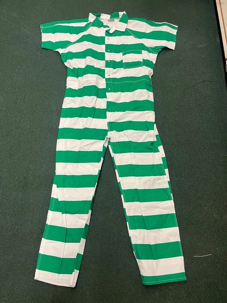 Jail Prison Inmate Jumpsuit Green & White Stripe Halloween Costume One-Piece
