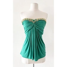 SKY Brand Y2K Green Gold Embellished Strapless Tube Pleated Top Size Small