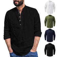 Men's Cotton Linen Henley Shirt Long Sleeve Casual Beach T-Shirts Holiday Tops M