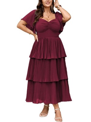 Women's Plus Size Formal Wedding Guest Evening Party Dress Short Sleeve Pleat...